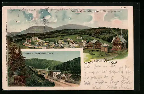 Lithographie Oberhof, Ortsansicht vom Wünscher`s Hotel gesehen, Eingang i. d. Brandleite-Tunnel