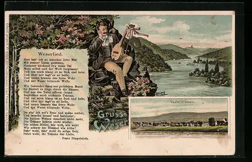 Lithographie Vaake /Weser, Ortsansicht, Musiker mit Gedicht