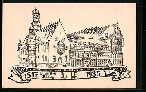 Künstler-AK Aschersleben, Rathaus und Städt. Sparkasse, Entwurf Dr. Hans Heckner