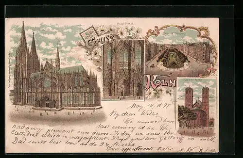Lithographie Köln, Blick auf den Dom, Gereons Kirche