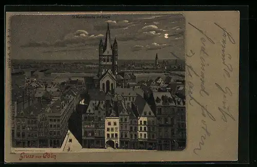 Lithographie Köln, St. Martinskirche mit Deutz