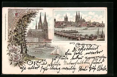 Lithographie Cöln a. Rhein, Flusspartie mit Dom