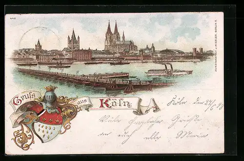 Lithographie Köln, Ortsansicht mit Dampfschiffen auf dem Rhein