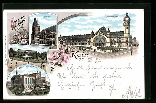 Lithographie Köln, Hauptbahnhof, Richard-Wagner-Museum, Rathaus