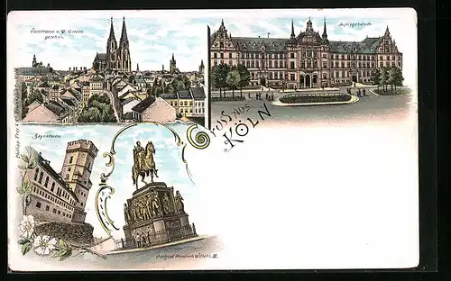 Lithographie Köln, am Justizgebäude, Denkmal Friedrich Wilhelm III.