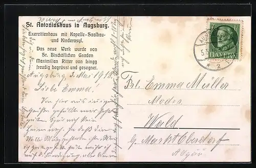 Künstler-AK Augsburg, St. Antoniushaus aus der Vogelschau