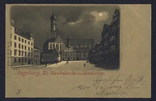 Mondschein-Lithographie Augsburg, St. Ulrichskirche im Vollmondlicht