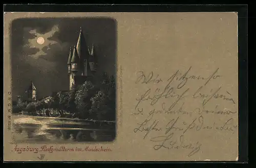 Mondschein-Lithographie Augsburg, Fünfgradturm im Vollmondlicht