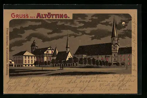 Lithographie Altötting, Ortspartie mit Kirche