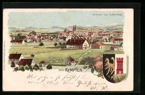 Lithographie Kempten, Teilansicht vom Lotterberg aus gesehen, Wappen