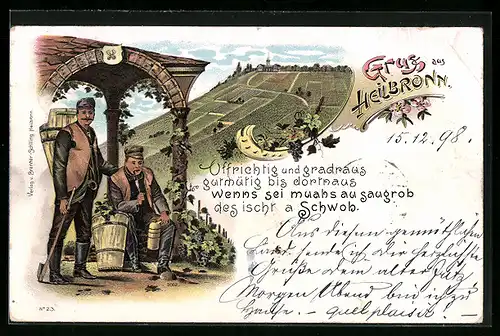 Lithographie Heilbronn, Panoramablick mit Kirche, Weinbauern bei der Rast