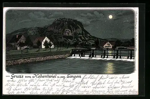Lithographie Singen /Hohentwiel, Uferpartie bei Mondschein