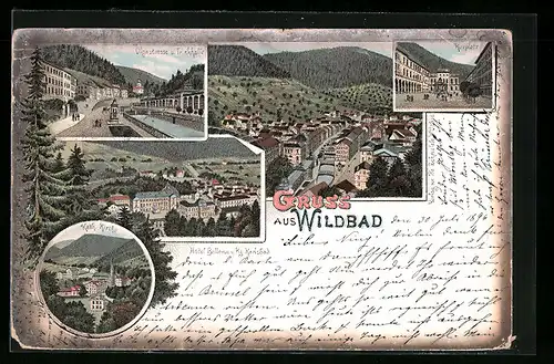 Lithographie Wildbad, Hotel Bellevue und Kg. Karlsbad, Kurplatz, Olgastrasse und Trinkhalle