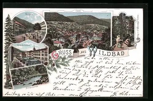 Lithographie Wildbad, Anlagenpartie, Kurplatz, König-Karlstrasse