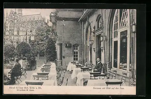 AK Köln a. Rh., Hotel Kölner Hof, Terrasse mit Blick auf den Dom