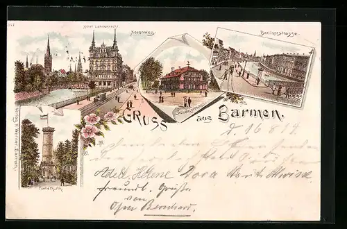 Vorläufer-Lithographie Barmen, 1894, Hotel Landsknecht, Schweizerhaus, Toelleturm
