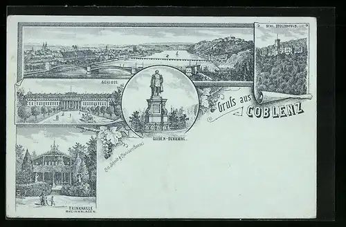 Lithographie Coblenz, Schloss Stolzenfels, Goeben-Denkmal, Hotel Kaiserhof