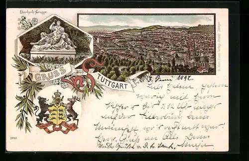 Lithographie Stuttgart, Teilansicht, Eberhard-Gruppe, Wappen