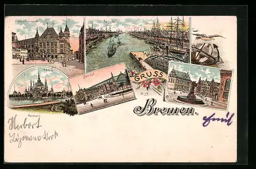Lithographie Bremen, Freihafen, markt, Bahnhof, Gericht