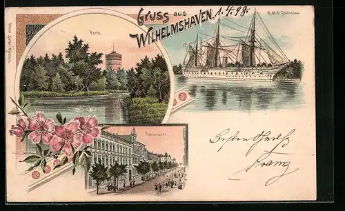 Lithographie Wilhelmshaven, Kriegsschiff SMS Gneisenau, Roonstrasse, Park