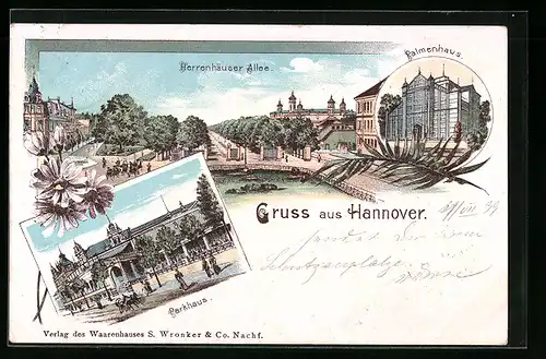 Lithographie Hannover, Parkhaus, Palmenhaus und Herrenhäuser Allee