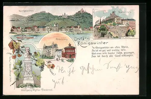 Lithographie Königswinter, Petersberg, Drachenfels