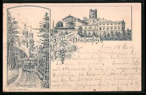 Lithographie Königswinter, Hotel auf dem Drachenfels