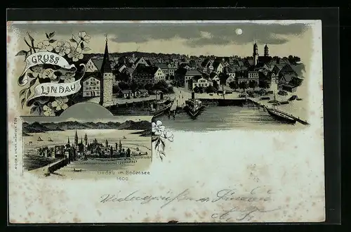 Lithographie Lindau i. B., Dampfer im Hafen, Totalansicht der Insel