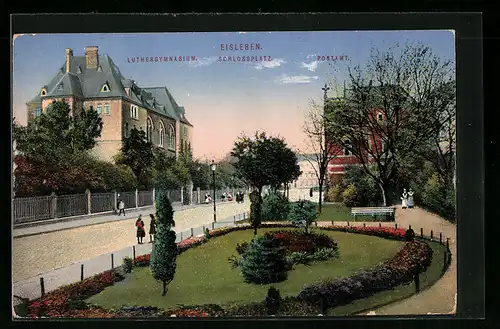 AK Eisleben, Luthergymnasium und Postamt am Schlossplatz