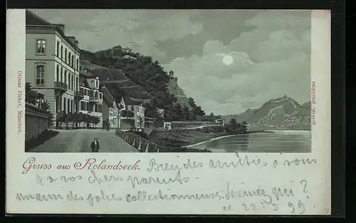 Mondschein-Lithographie Rolandseck, Uferpartie mit Gebäudeansichten