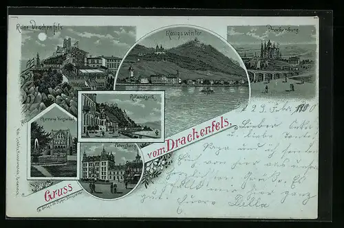 Lithographie Königswinter, Ruine Drachenfels, Drachenburg, Heisterbach, Petersberg