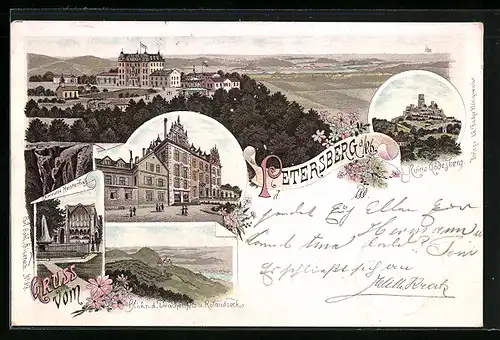 Lithographie Petersberg a. Rh., Chorruine Heisterbach, Ortsansicht, Blick nach dem Drachenfels