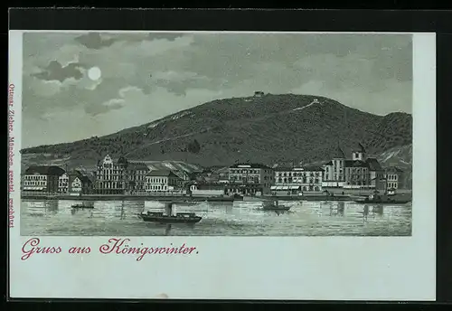 Lithographie Königswinter, Totalansicht mit Uferpartie