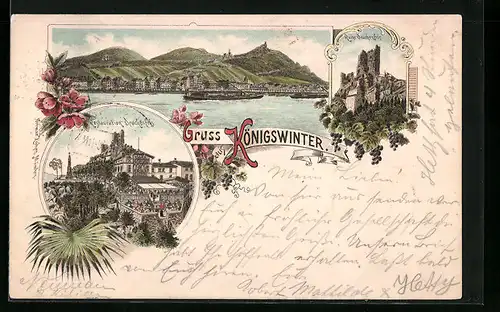 Lithographie Königswinter, Restauration Drachenfels, Gesamtansicht, Ruine Drachenfels