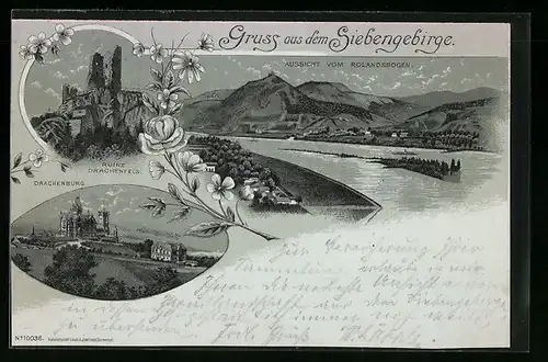 Mondschein-Lithographie Königswinter, Rolandsbogen, Ruine Drachenfels