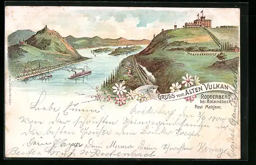 Lithographie Mehlem, Gasthaus Alter Vulkan, Rodderberg bei Rolandseck