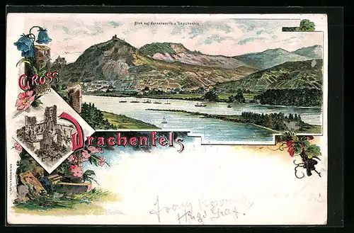 Lithographie Königswinter a. Rh., Ruine Drachenfels, Panorama mit Nonnenwerth