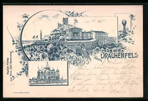 Lithographie Drachenfels, Hotel und Weinhandlung auf dem Drachenfels, Schloss, Weinglas