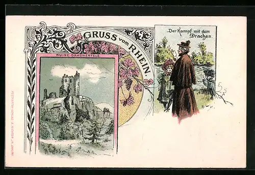 Lithographie Königswinter, Ruine Drachenfels, Der Kampf mit dem Drachen