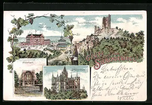 Lithographie Heisterbach /Siebengebirge, Hotel Petersberg, Ruine Drachenfels, Drachenburg