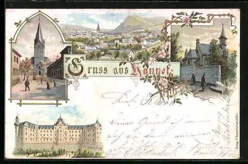 Lithographie Honnef, Gesamtansicht, Kirche