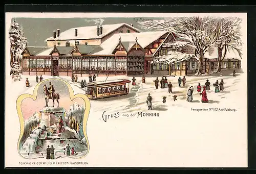 Winter-Lithographie Duisburg, Denkmal Kaiser Wilhelm I. Gasthaus Monning, Strassenbahn