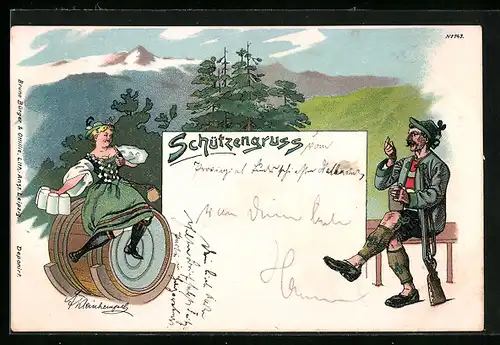Künstler-AK Erich Kleinhempel: Bruno Bürger & Ottillie: Schützengruss, Madl auf einem Fass, Bua mit Flinte