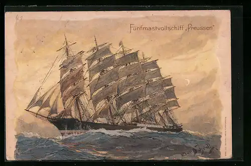 Künstler-AK Hans Bohrdt: Fünfmastvollschiff Preussen, Kriegsschiff