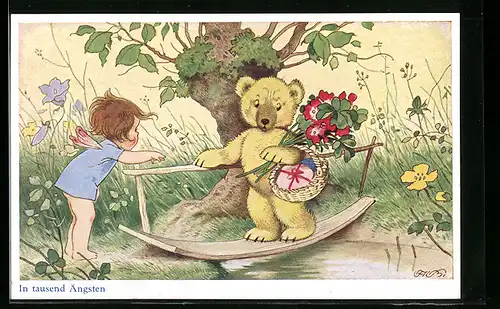 Künstler-AK Fritz Baumgarten: Fee ermutigt Teddy über den Fluss zu laufen