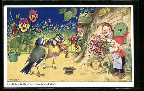 Künstler-AK Fritz Baumgarten: Lieblich schallt durch Busch und Wald..., Musizierende Meisen und Gnome, Wichtel, Zwerge