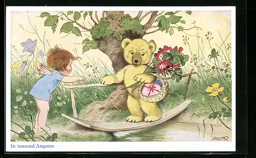 Künstler-AK Fritz Baumgarten: Fee ermutigt Teddy über den Fluss zu laufen