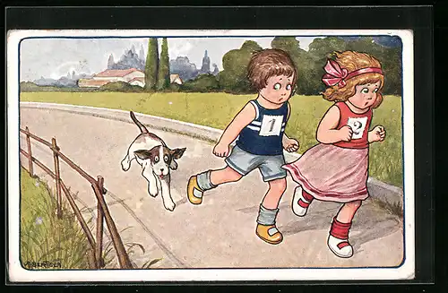 Künstler-AK A. Bertiglia: Kinder rennen mit dem Hund um die Wette