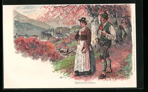 Künstler-AK Fritz Bergen: Berchtesgaden, Mann und Frau im Wald spazieren, im Hintergrund der Ort im Herbst