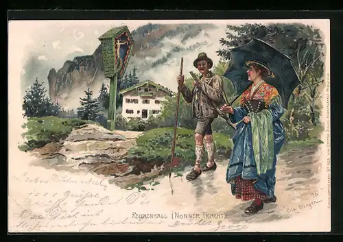 Künstler-AK Fritz Bergen: Reichenhall, Mann und Frau in Nonner Tracht am Wegkreuz